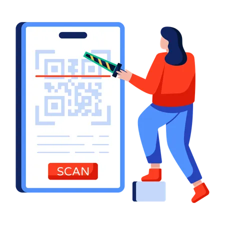 Une femme paie via un scan mobile  Illustration