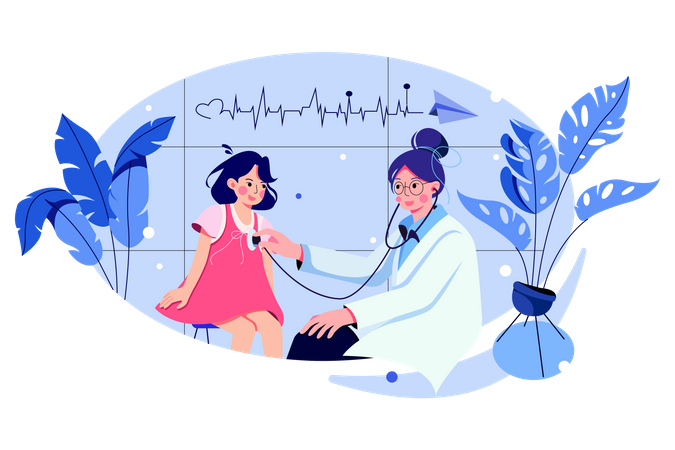 Pédiatre féminine effectuant l'auscultation d'une petite fille avec stéthoscope  Illustration