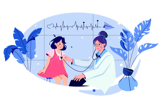 Pédiatre féminine effectuant l'auscultation d'une petite fille avec stéthoscope  Illustration