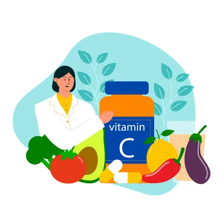 Médecin nutritionniste expliquant les aliments contenant de la vitamine C  Illustration