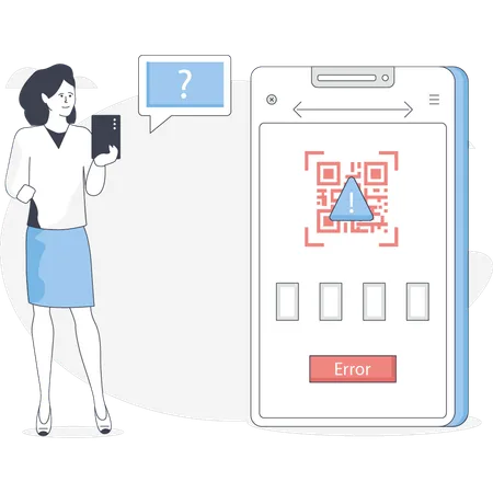 Une femme pense à une erreur de code QR  Illustration