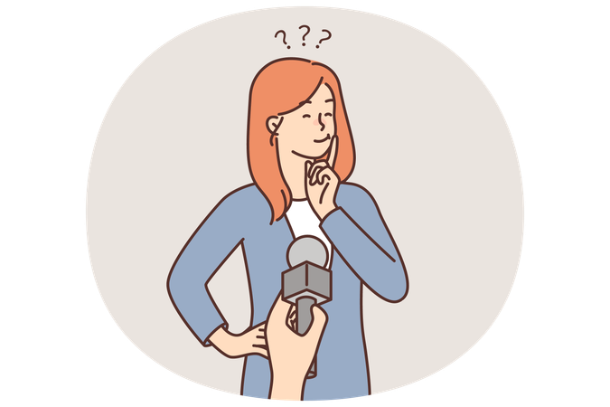 Une femme réfléchie près d'un microphone dans la main d'un journaliste interviewant des passants et posant des questions  Illustration