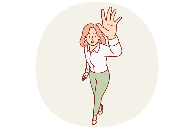 Une femme perplexe lève la main et tend la paume vers l'écran  Illustration