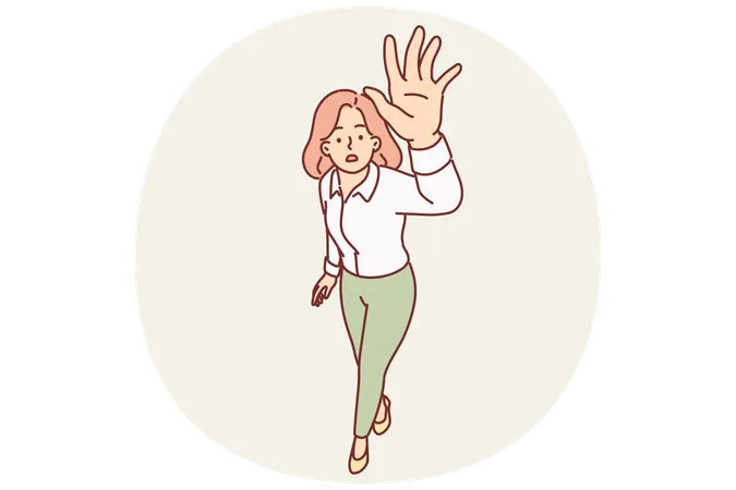 Une femme perplexe lève la main et tend la paume vers l'écran  Illustration
