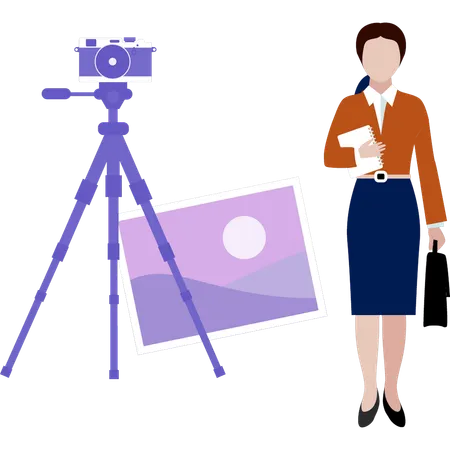 Photographe féminine avec sac en position debout avec un appareil photo numérique  Illustration