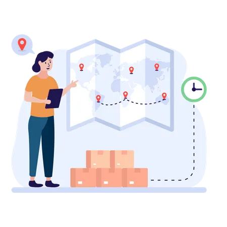 Femme plaçant les emplacements d'expédition sur une carte  Illustration
