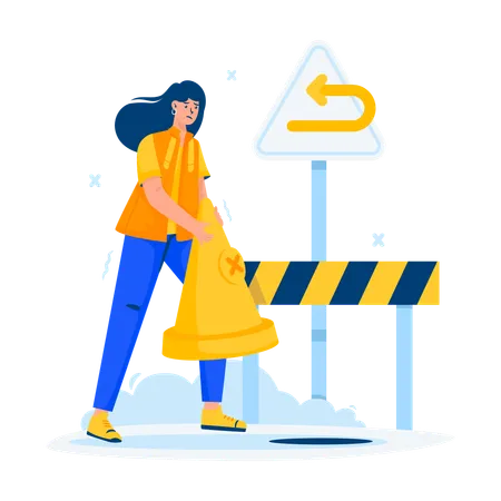 Femme plaçant un cône de signalisation pour la page de retour du site Web  Illustration