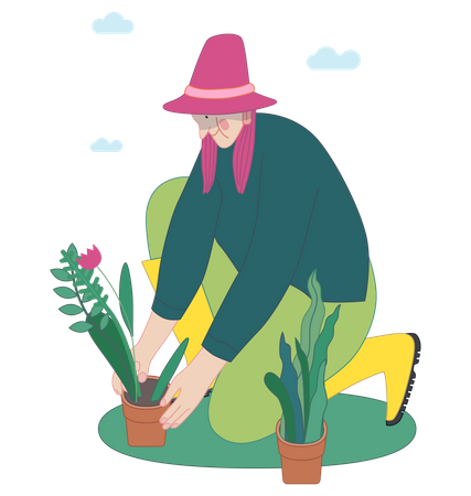 Femme plantant une fleur.  Illustration