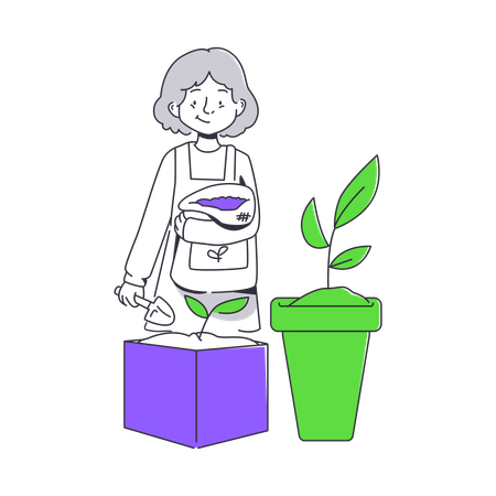 Femme a planté une plante en pot  Illustration