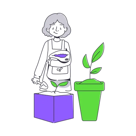 Femme a planté une plante en pot  Illustration