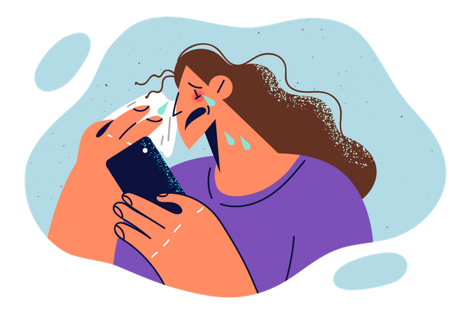 Femme qui pleure en regardant le téléphone  Illustration