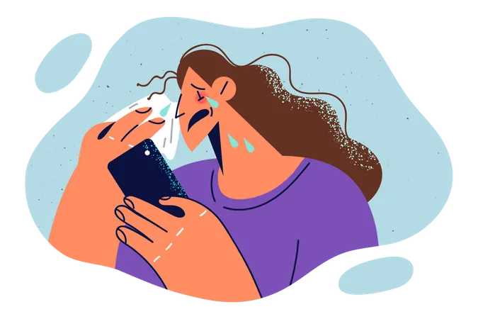 Femme qui pleure en regardant le téléphone  Illustration