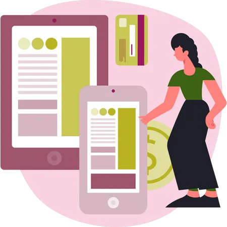 Femme pointant une application mobile  Illustration