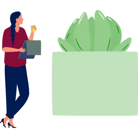 Femme pointant une plante en applique de cactus  Illustration