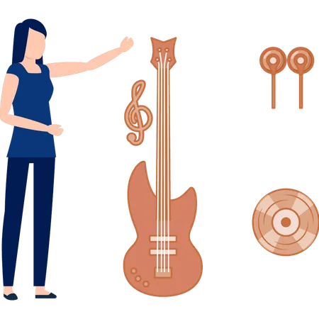 Femme pointant une guitare électrique  Illustration