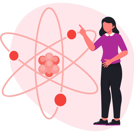 Femme montrant la structure de l'atome d'une molécule  Illustration