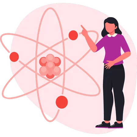 Femme montrant la structure de l'atome d'une molécule  Illustration