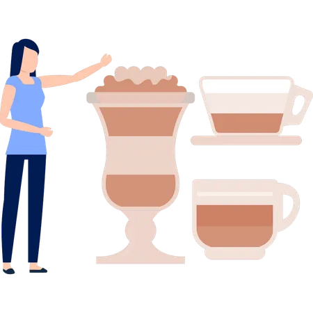 Femme pointant une tasse de thé  Illustration