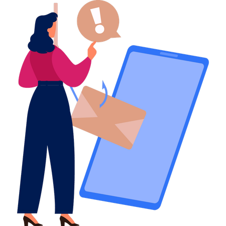 Femme pointant vers le courrier sur téléphone portable  Illustration