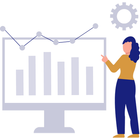 Femme pointant vers le graphique à barres sur le moniteur  Illustration