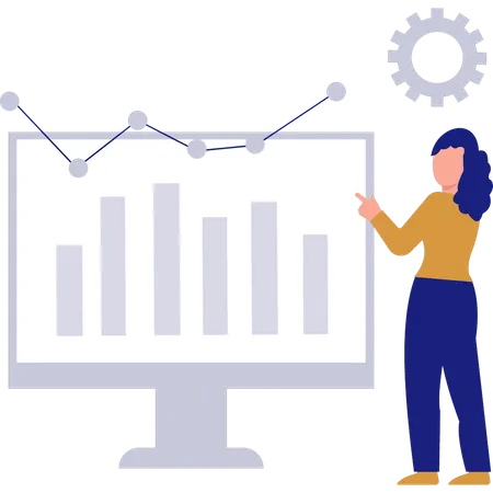 Femme pointant vers le graphique à barres sur le moniteur  Illustration