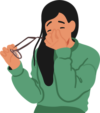 Femme portant des lunettes et se frotte les yeux fatigués avec une expression réfléchie  Illustration