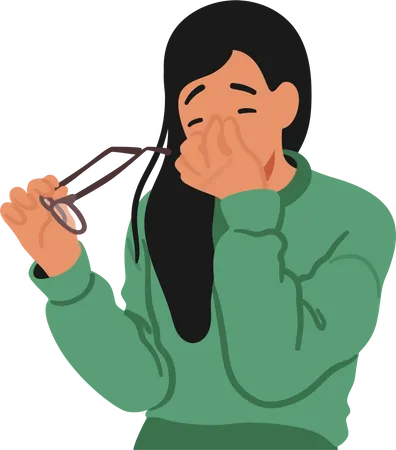 Femme portant des lunettes et se frotte les yeux fatigués avec une expression réfléchie  Illustration