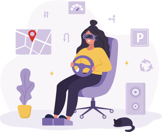 Femme portant des lunettes VR apprenant à conduire une voiture dans le métaverse  Illustration