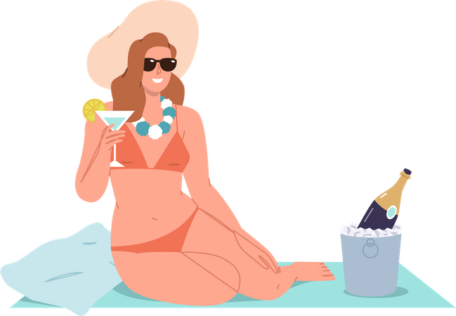 Femme portant un bikini et buvant de l'alcool  Illustration