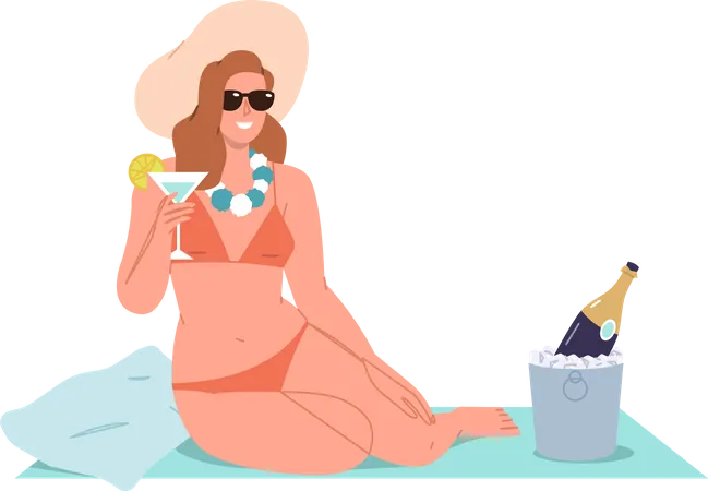 Femme portant un bikini et buvant de l'alcool  Illustration