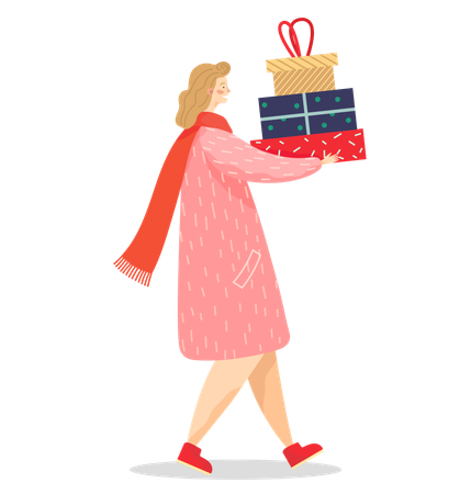 Femme portant un cadeau à Noël  Illustration