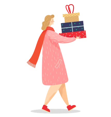 Femme portant un cadeau à Noël  Illustration