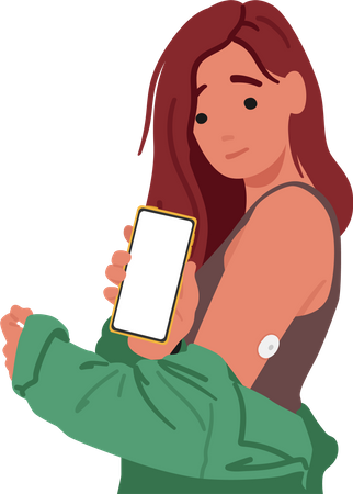 Une femme portant un capteur de glucose surveille facilement son taux de sucre dans le sang via une application pour smartphone  Illustration
