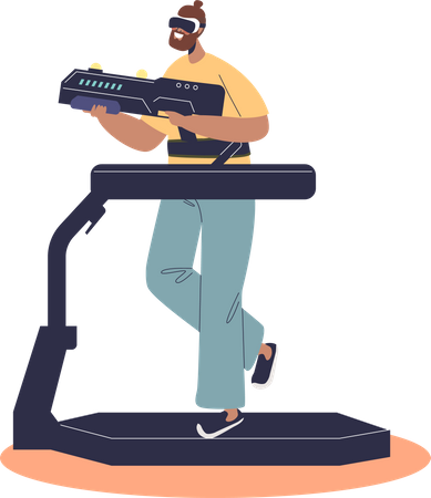 Femme portant un casque vr fonctionnant sur un tapis roulant simulateur moderne avec technologie de réalité virtuelle  Illustration