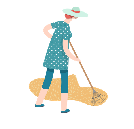 Femme portant un chapeau de paille ratissant le foin dans la pile  Illustration