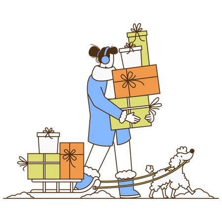 Femme portant un coffret cadeau avec un chien pendant l'hiver  Illustration