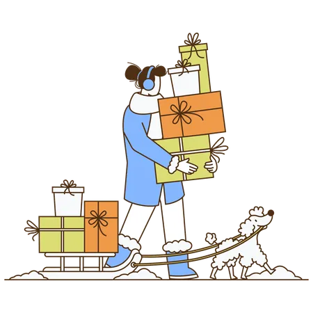 Femme portant un coffret cadeau avec un chien pendant l'hiver  Illustration