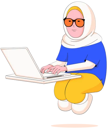 Femme portant le hijab travaillant sur un ordinateur portable  Illustration