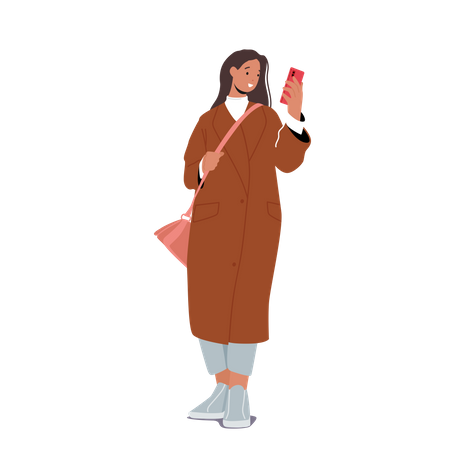 Femme portant un manteau et regardant le téléphone  Illustration