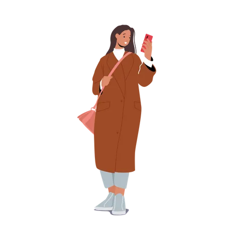 Femme portant un manteau et regardant le téléphone  Illustration