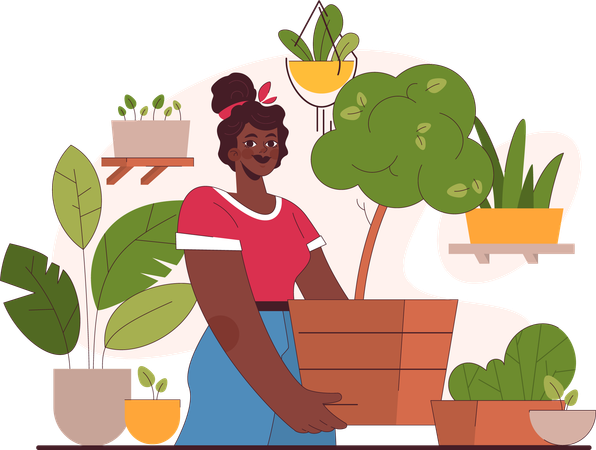 Femme portant un pot de plantes pour le jardin de la maison  Illustration