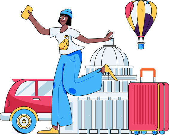 Femme portant un sac de voyage en vacances  Illustration