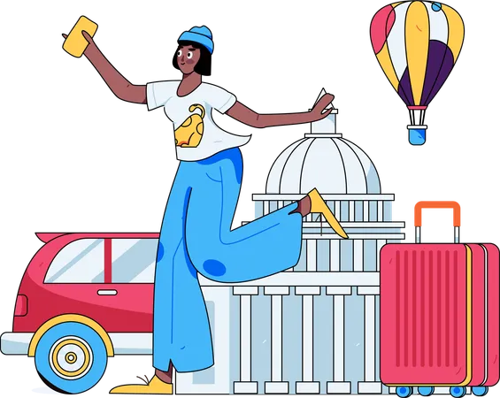 Femme portant un sac de voyage en vacances  Illustration