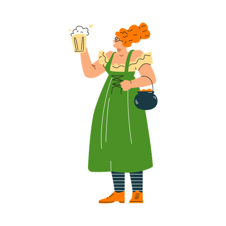 Femme portant une robe verte traditionnelle de lutin irlandais tenant une chope de bière  Illustration