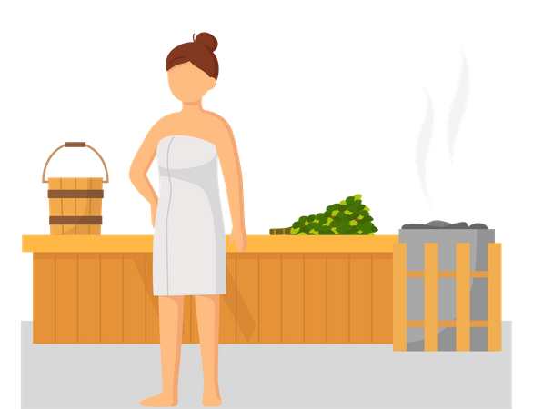 Femme portant une serviette de bain assise sur un banc en bois au sauna à vapeur chaude  Illustration