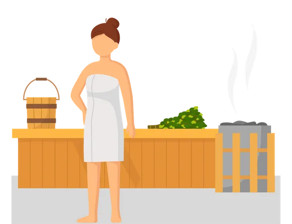 Femme portant une serviette de bain assise sur un banc en bois au sauna à vapeur chaude  Illustration