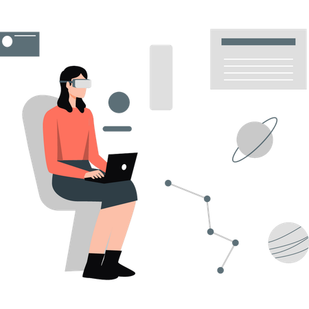 Une femme porte des lunettes de réalité virtuelle et travaille sur une présentation graphique  Illustration