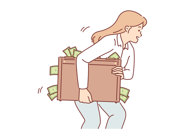 La femme porte une valise remplie d'argent  Illustration