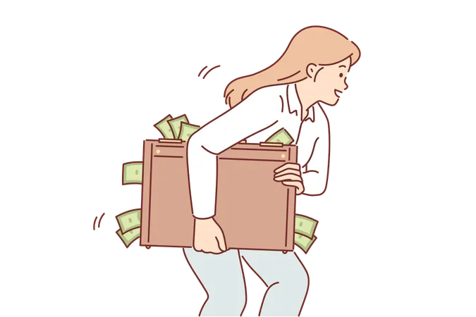 La femme porte une valise remplie d'argent  Illustration