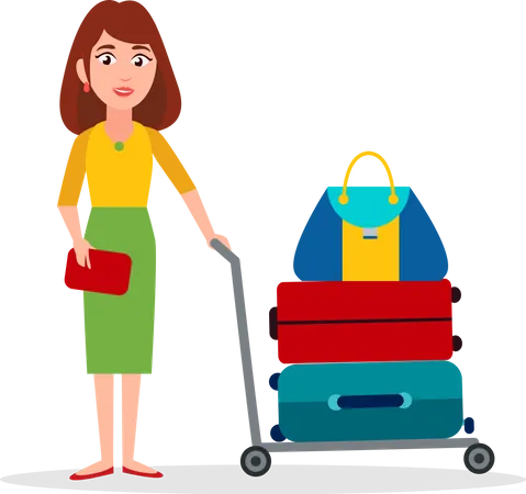 Une femme porte des bagages sur un chariot de transport  Illustration